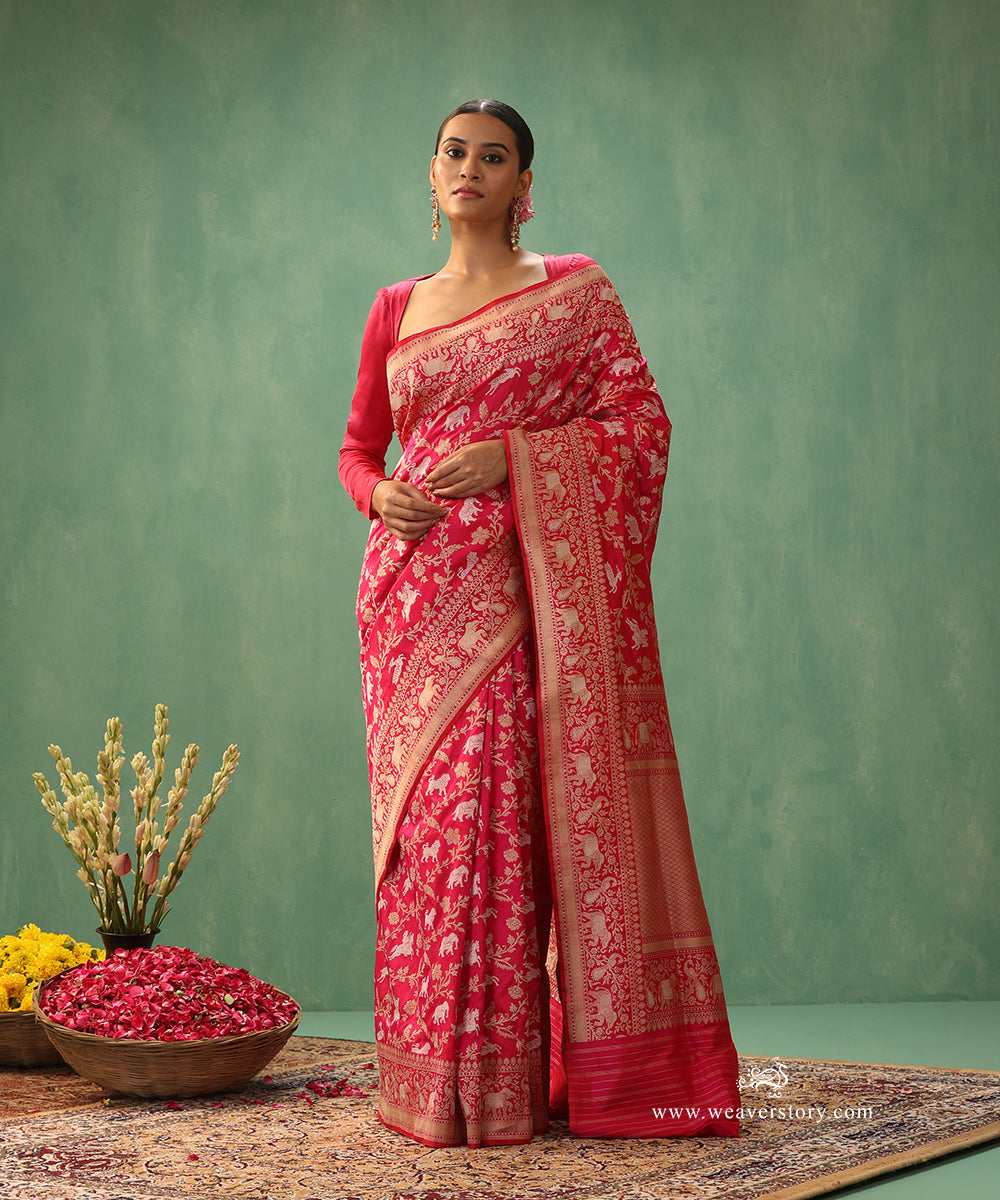 Handloom-Pink-Pure-Katan-Silk-Shikargah-Banarasi-Saree-With-Gold-And-Silver-Jaal_WeaverStory_02