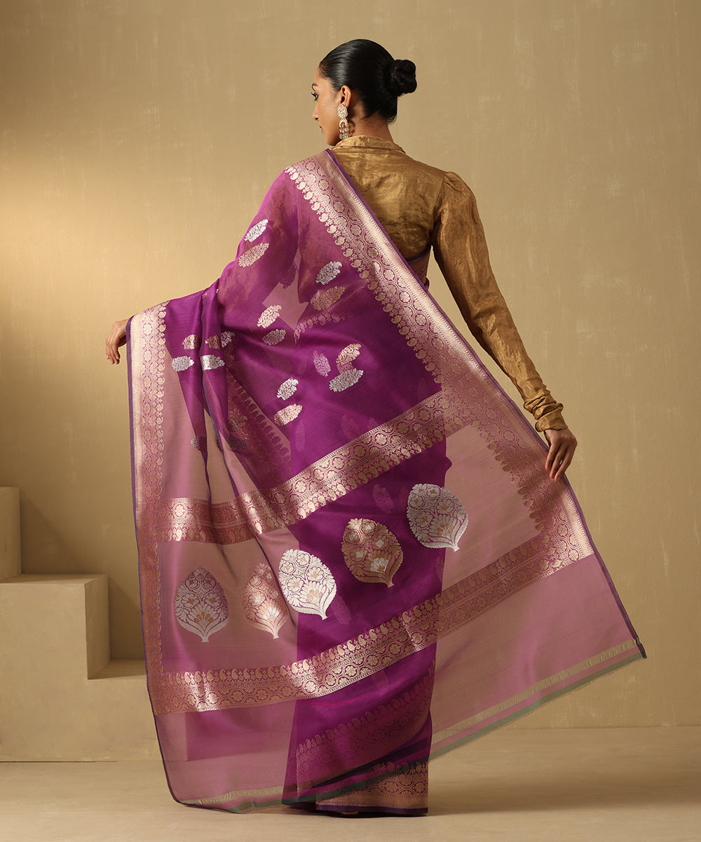 Purple Handloom Pure Kora Silk Banarasi Saree With Sona Rupa Booti