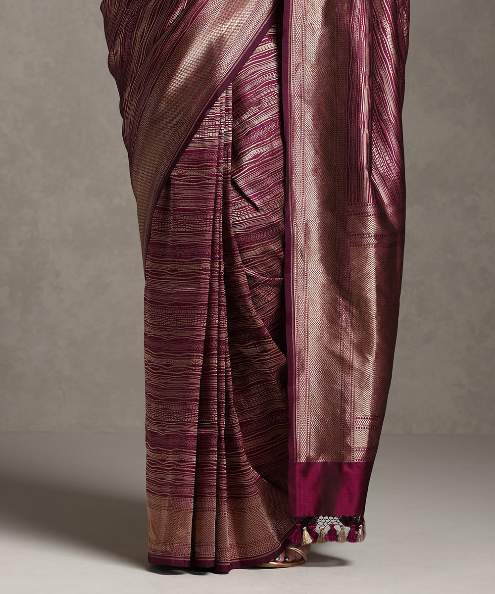 Wine And Gold Pure Katan Silk Handloom Banarasi Saree With Abstract Striped In Zari