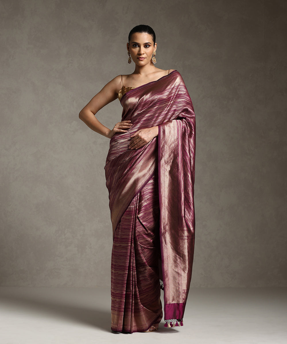 Wine And Gold Pure Katan Silk Handloom Banarasi Saree With Abstract Striped In Zari