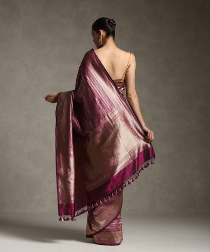 Wine And Gold Pure Katan Silk Handloom Banarasi Saree With Abstract Striped In Zari