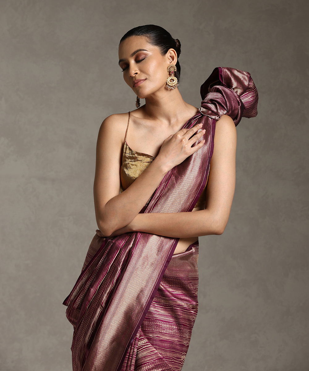 Wine And Gold Pure Katan Silk Handloom Banarasi Saree With Abstract Striped In Zari