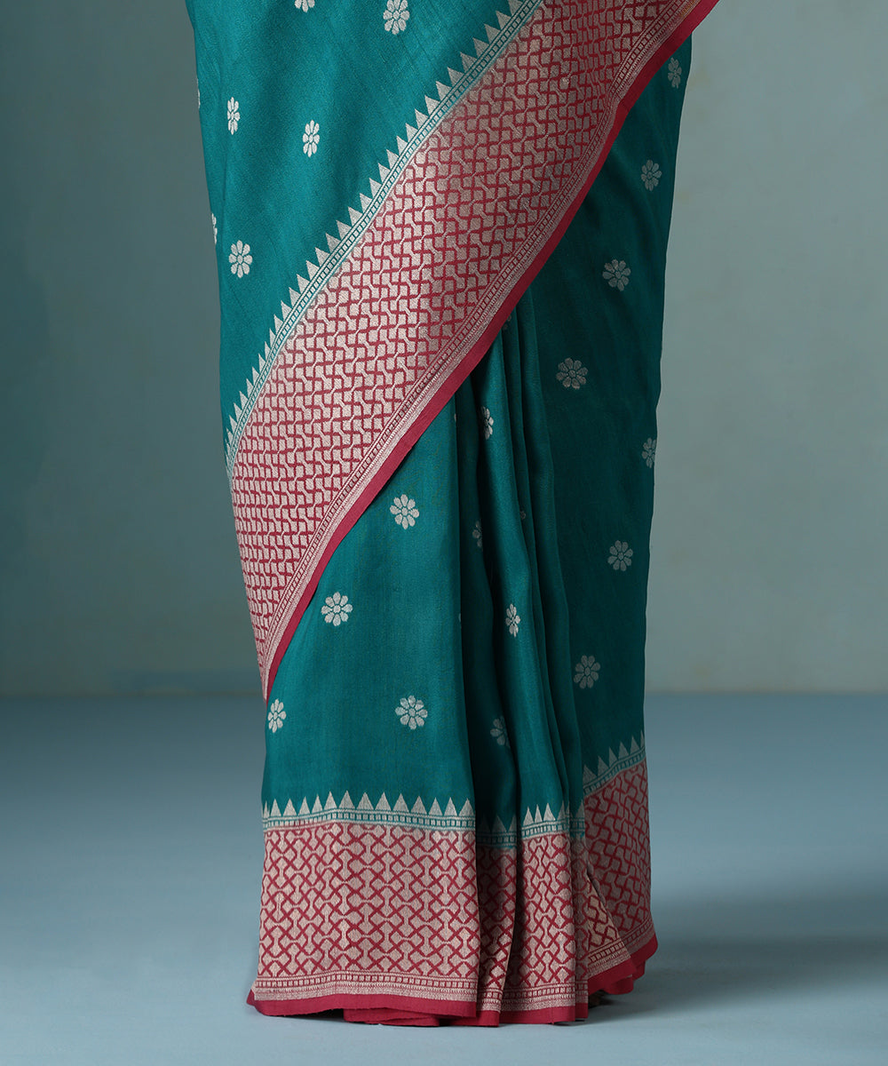 Teal_Green_Handloom_Pure_Tussar_Georgette_Banarasi_Saree_With_Multi_Colour_Meenakari_And_Pink_Border_WeaverStory_04