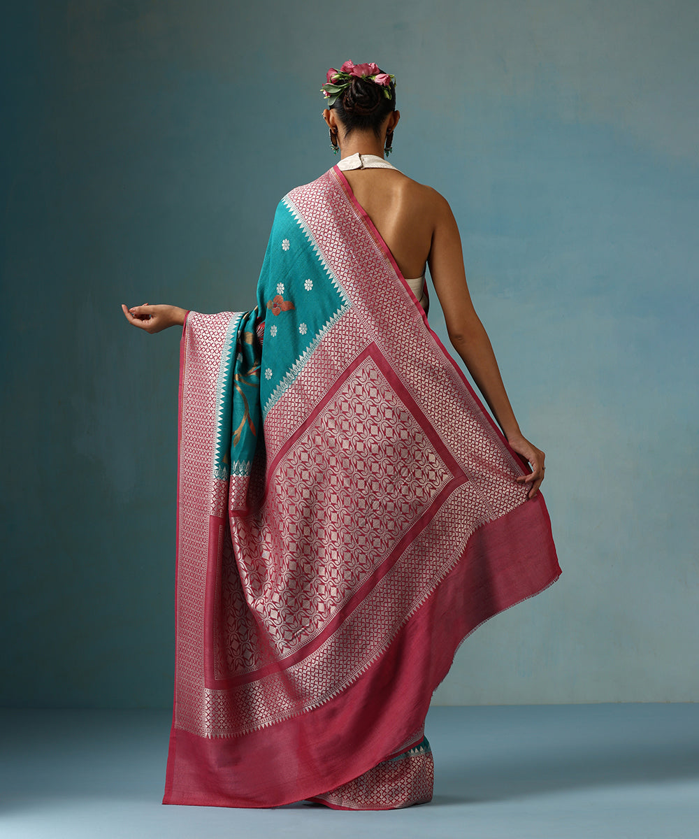 Teal_Green_Handloom_Pure_Tussar_Georgette_Banarasi_Saree_With_Multi_Colour_Meenakari_And_Pink_Border_WeaverStory_03