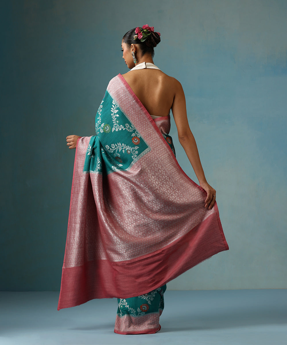 Teal_Handloom_Pure_Tusser_Georgette_Saree_With_Border_WeaverStory_03