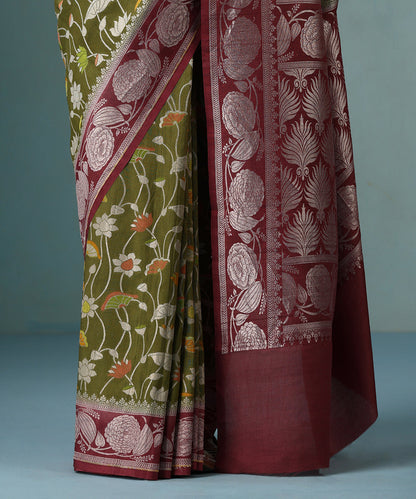 Olive_Green_Handloom_Pure_Tusser_Georgette_Saree_With_Wine_Border_WeaverStory_04