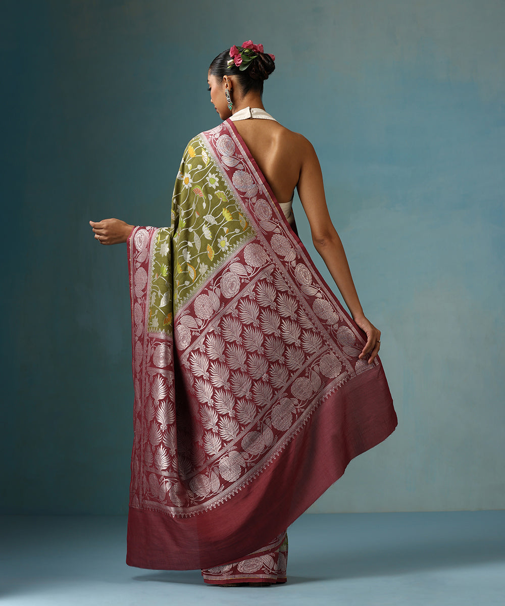 Olive_Green_Handloom_Pure_Tusser_Georgette_Saree_With_Wine_Border_WeaverStory_03