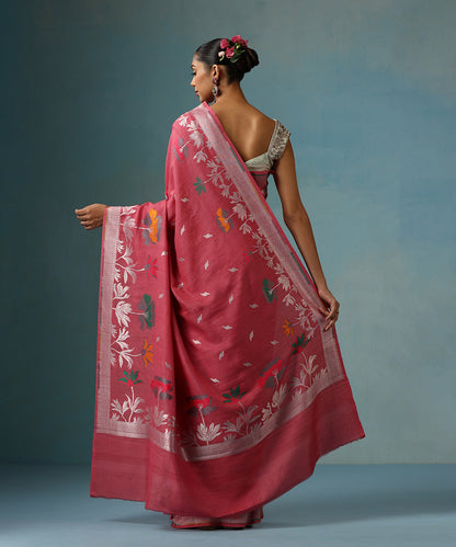 Pink_Handloom_Pure_Tusser_Georgette_Saree_With_Pink_Floral_Border_WeaverStory_03