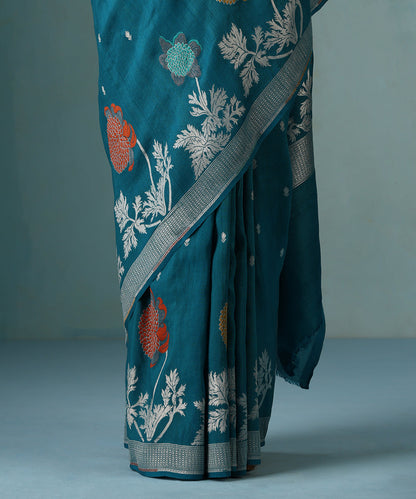 Teal_Handloom_Pure_Tussar_Georgette_Banarasi_Saree_With_Floral_Motifs_WeaverStory_04