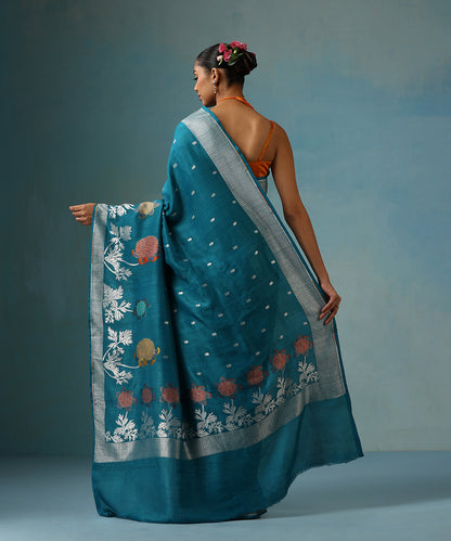 Teal_Handloom_Pure_Tussar_Georgette_Banarasi_Saree_With_Floral_Motifs_WeaverStory_03