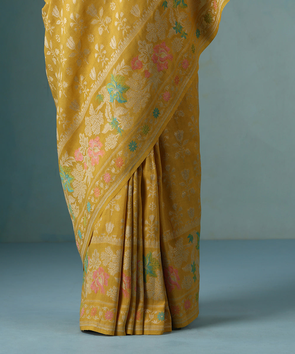 Yellow_Handloom_Pure_Tussar_Georgette_Banarasi_Saree_With_Multi_Colour_Meenakari_WeaverStory_04