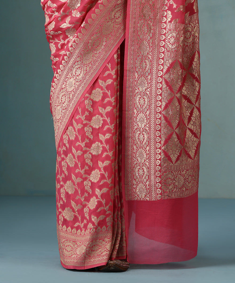 Handloom_Pink_Pure_Georgette_Banarasi_Saree_With_Allover_Cutwork_Jaal_WeaverStory_04