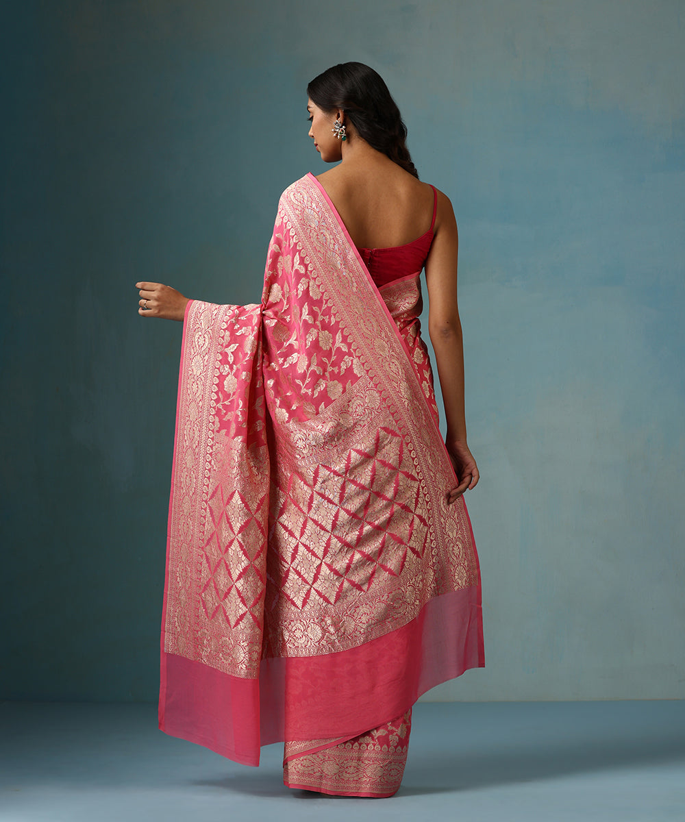 Handloom_Pink_Pure_Georgette_Banarasi_Saree_With_Allover_Cutwork_Jaal_WeaverStory_03