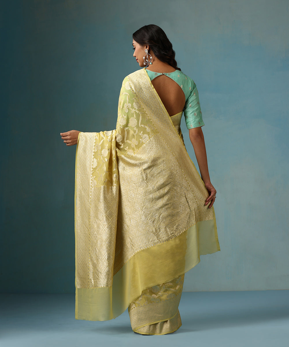 Handloom_Powder_Yellow_Pure_Georgette_Banarasi_Saree_With_Allover_Cutwork_Floral_Jaal_WeaverStory_03