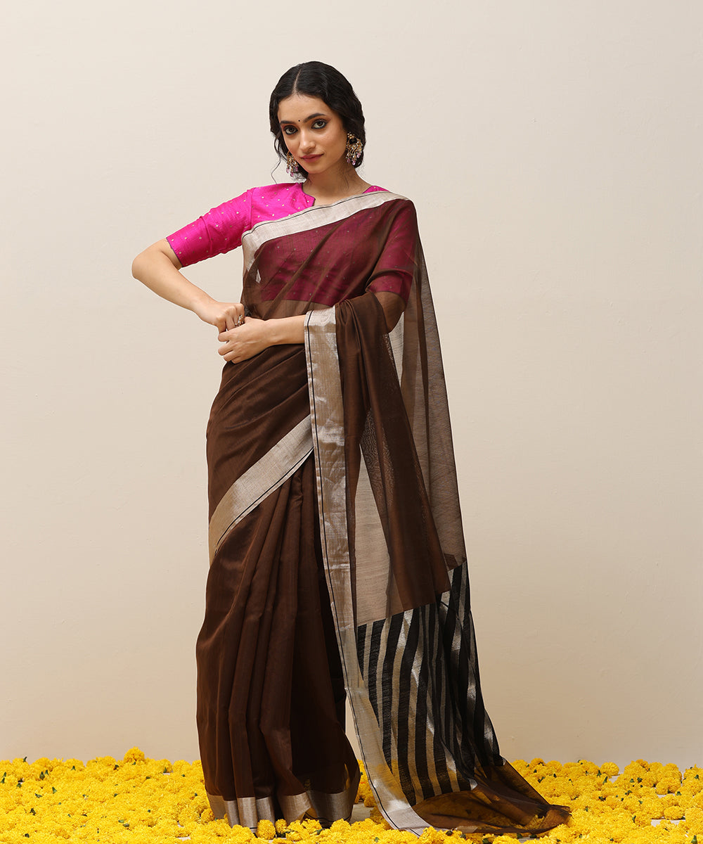 Handloom_Coke_Brown_Plain_Pure_Cotton_Chanderi_Saree_With_Silver_Border_WeaverStory_02