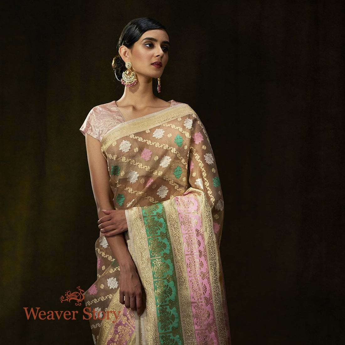 Handwoven_Beige_Kora_Silk_Saree_with_Pink_and_Green_Border_WeaverStory_01