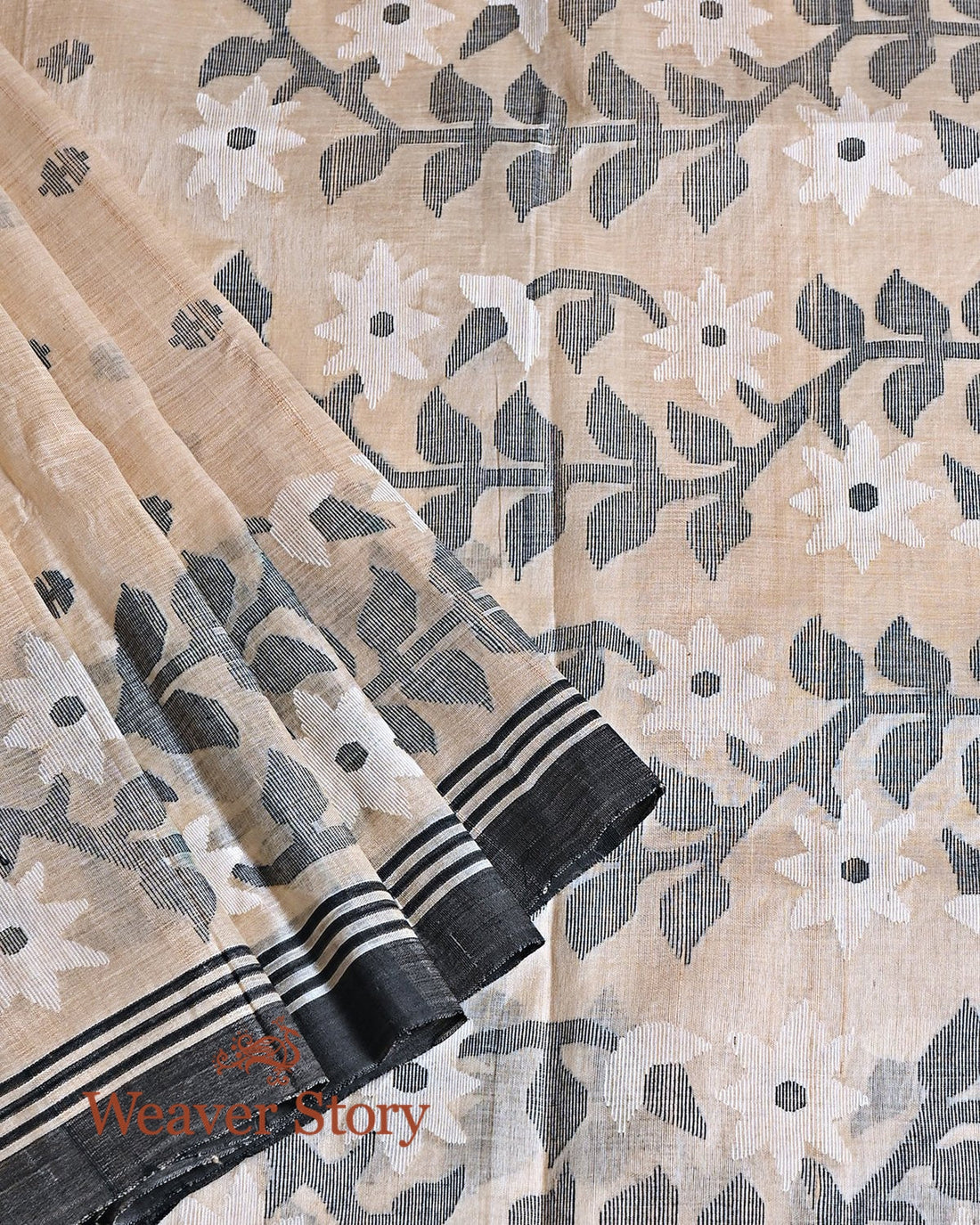 Handwoven_Beige_Tusser_Jamdani_Saree_with_Black_Selvedge_WeaverStory_01