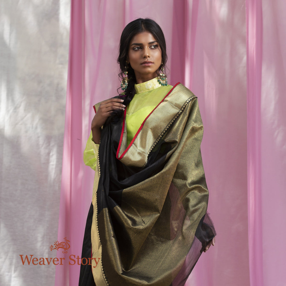 Handwoven_Black_Plain_Chanderi_Saree_with_Gold_Border_WeaverStory_01