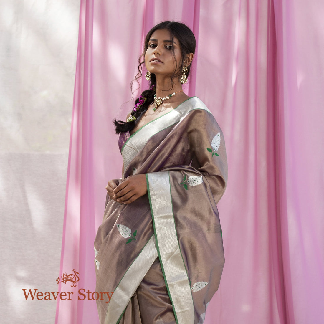 Handwoven_Brown_Chanderi_Silk_Saree_with_Silver_Zari_WeaverStory_01