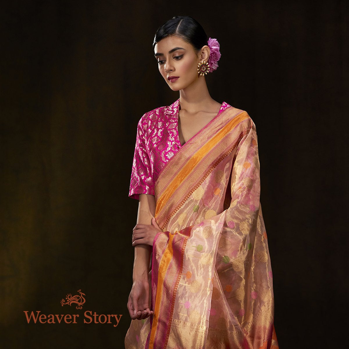 Handwoven_Pink_and_Gold_Silk_Tissue_Saree_with_Meenakari_WeaverStory_01
