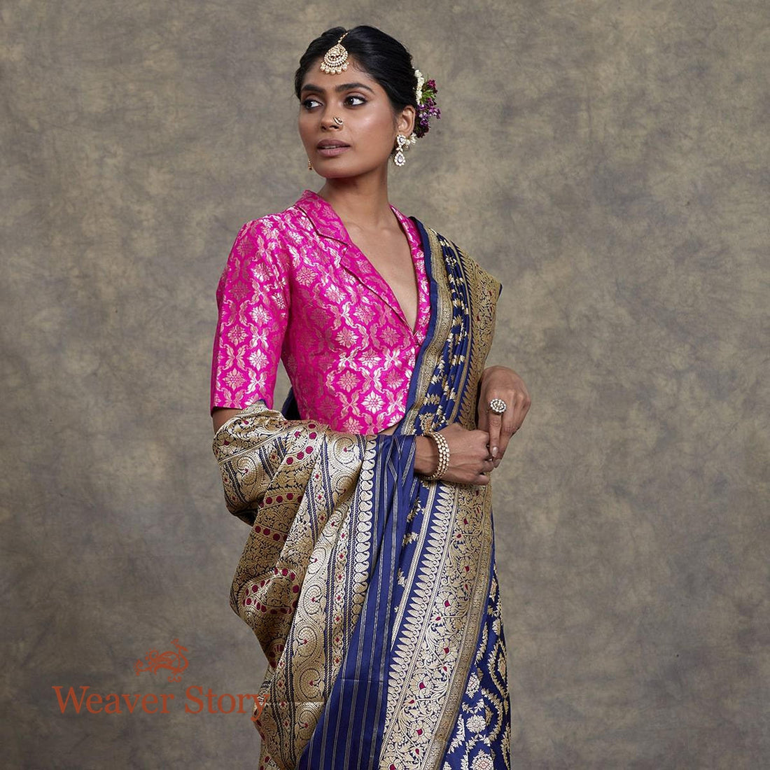 Handwoven_Dark_Blue_Fine_Zari_Katan_Jangla_Saree_WeaverStory_01