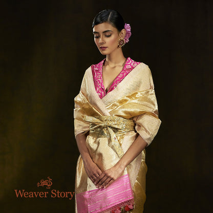 Handwoven_Gold_Silk_Tissue_Saree_with_Pink_Border_WeaverStory_01