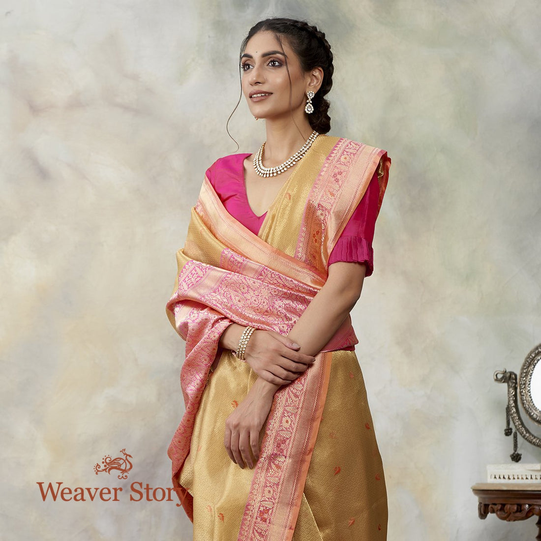 Handwoven_Gold_Kora_Tanchoi_Saree_with_Contrast_Border_WeaverStory_01
