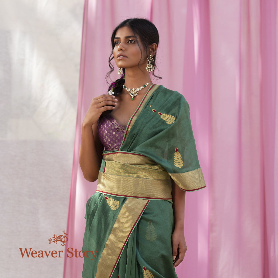 Handwoven_Moss_Green_Chanderi_Silk_Saree_WeaverStory_01