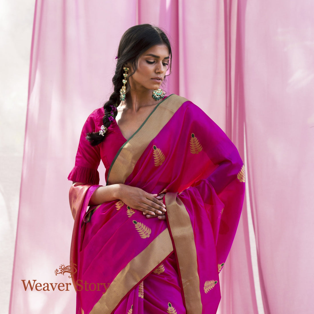 Handwoven_Hot_Pink_Chanderi_Saree_with_Leaf_Motif_WeaverStory_01