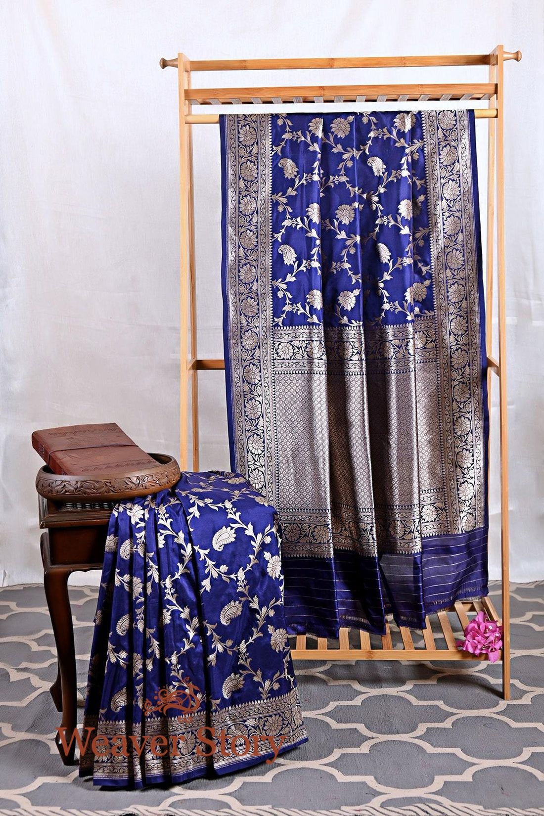 Ink_Blue_Banarasi_Saree_with_Gold_Zari_Floral_Weave_WeaverStory_01