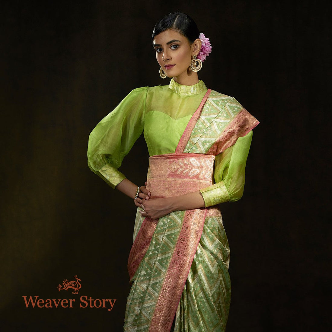 Handwoven_Light_Green_Silk_Tissue_Saree_with_Chevrons_WeaverStory_01
