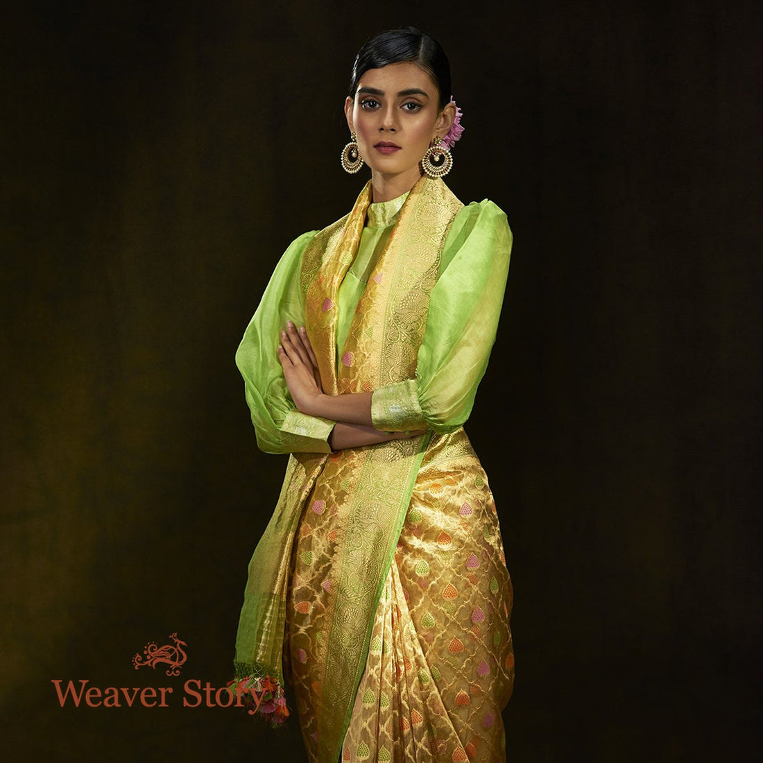 Handwoven_Light_Yellow_Kora_Tissue_Saree_with_Lime_Green_Border_WeaverStory_01