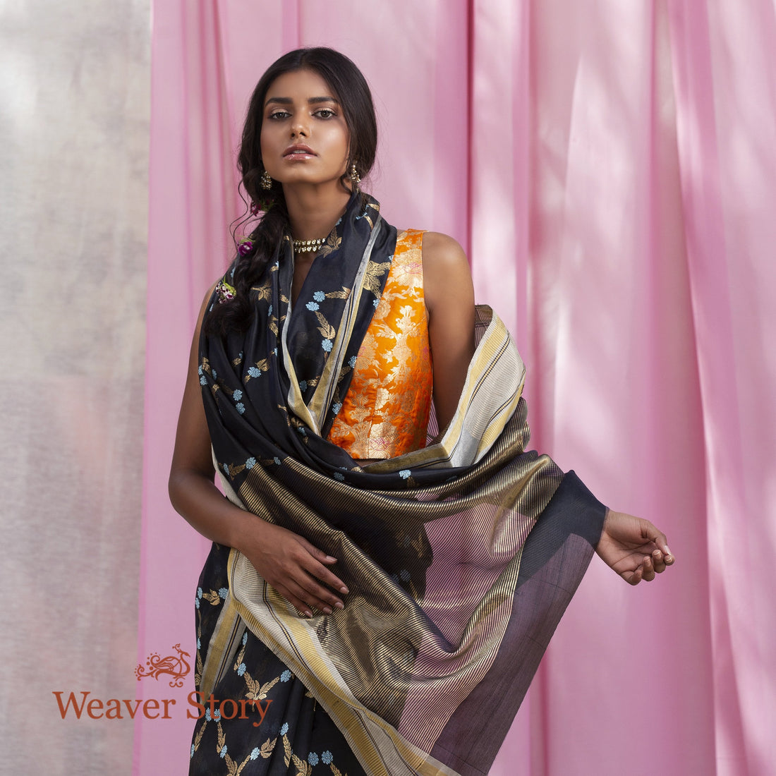 Handwoven_Blue_and_Black_Dual_Tone_Chanderi_Silk_All_Over_Zari_Jaal_WeaverStory_01