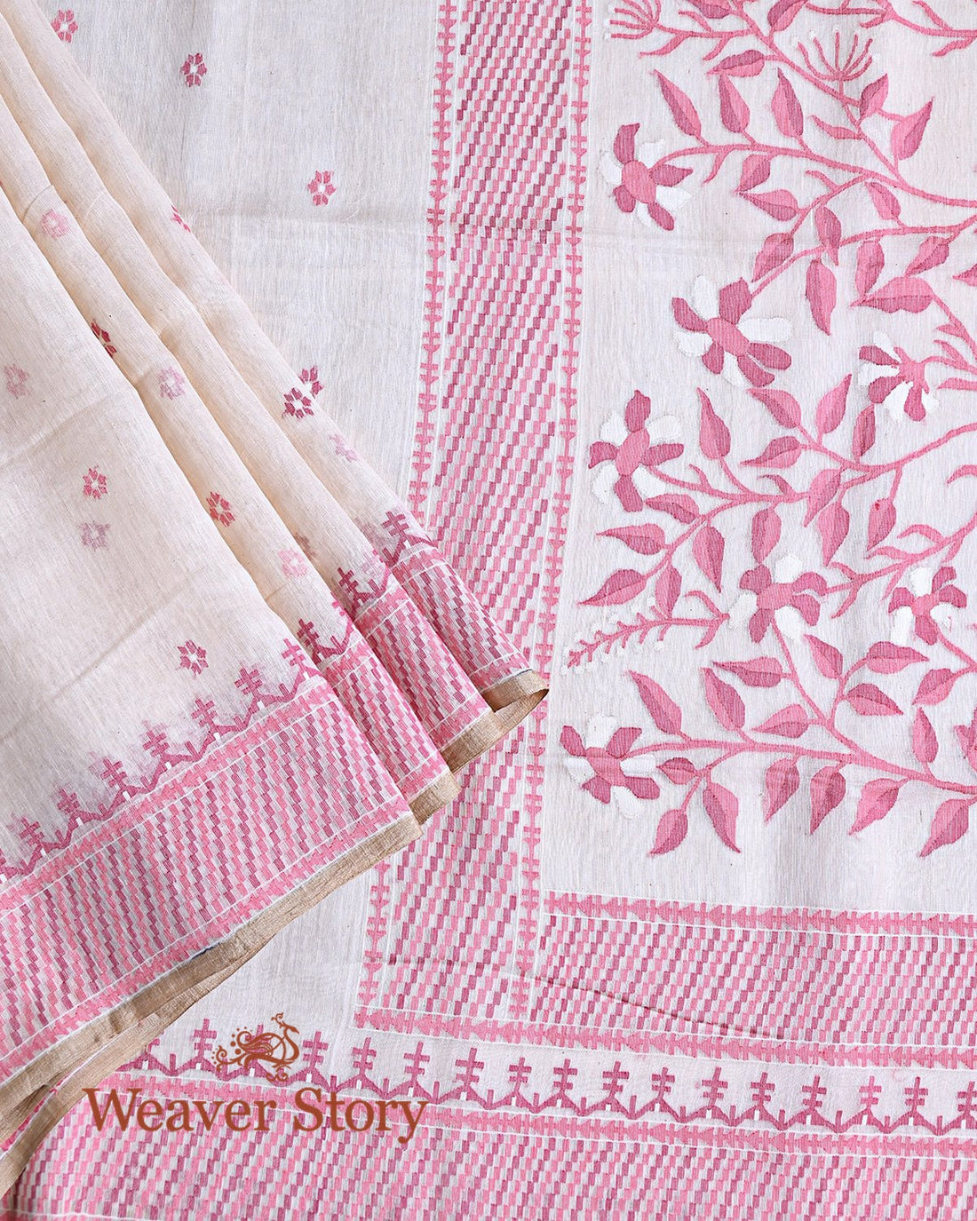 Handwoven_Offhwhite_and_Pink_Handspun_Cotton_Jamdani_Saree_WeaverStory_01