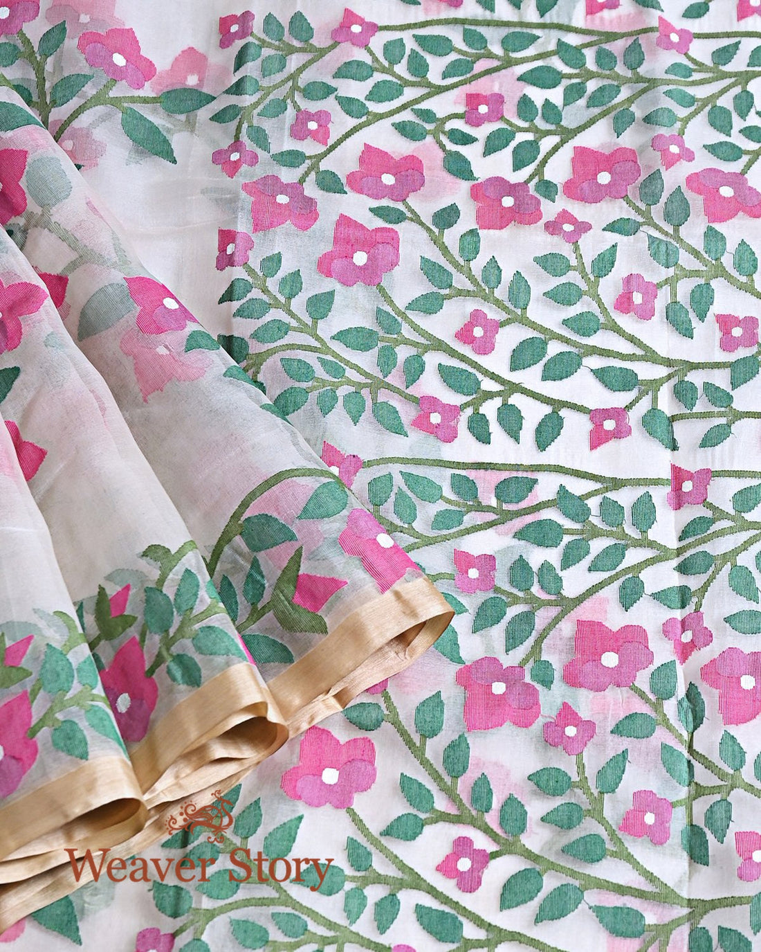 Handwoven_White_All_Over_Green_and_Pink_Jaal_Dhakai_Jamdani_Saree_WeaverStory_01