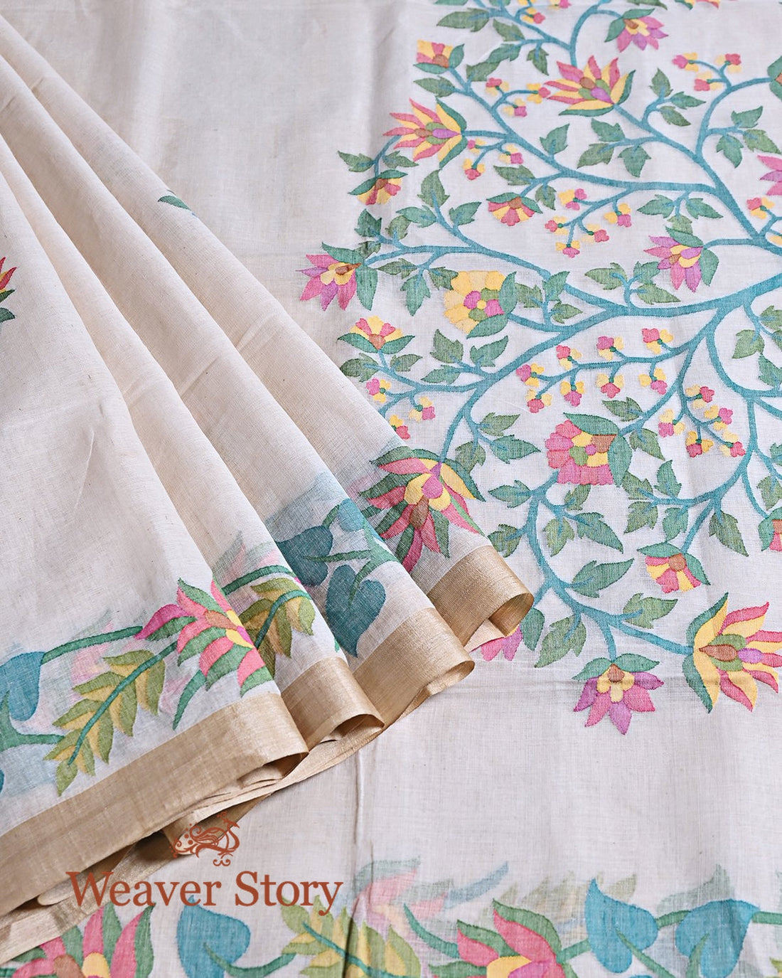 Handwoven_Offwhite_Cotton_Jamdani_Saree_with_Tree_woven_on_Pallu_WeaverStory_01