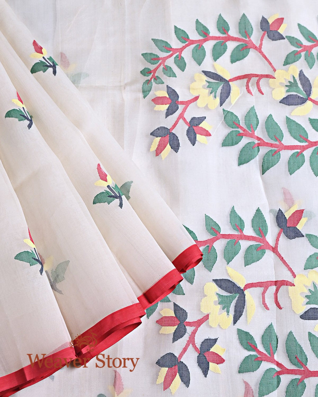 Handwoven_Offwhite_Silk_Muslin_Jamdani_Saree_with_Red_Selvedge_WeaverStory_01