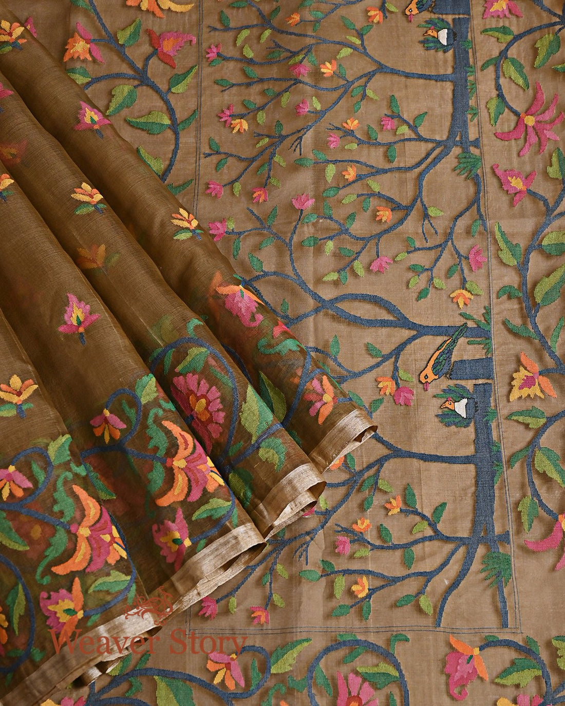 Handwoven_Olive_Silk_Muslin_Jamdani_Saree_WeaverStory_01