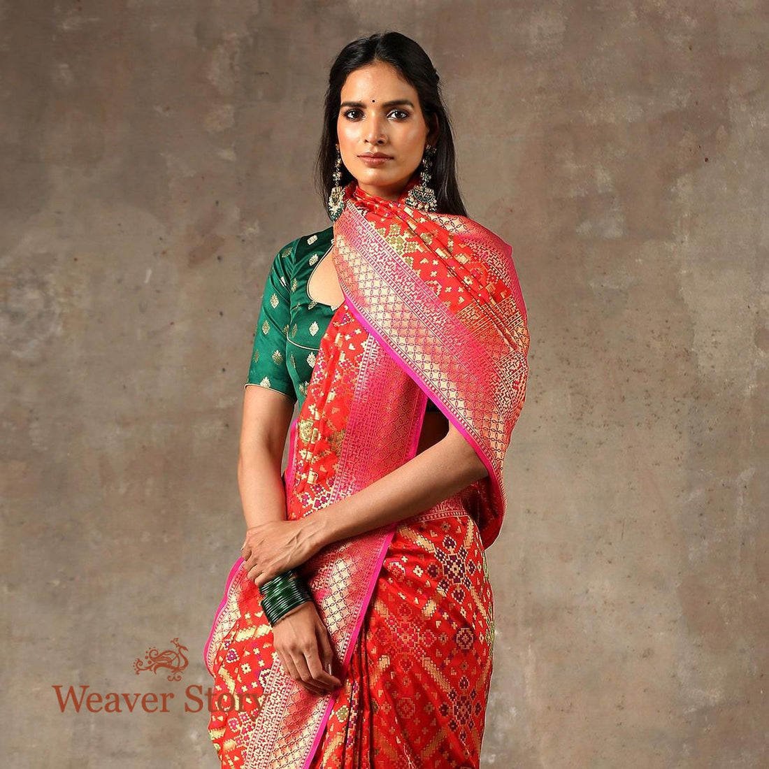 Handwoven_Orange_Banarasi_Patola_Saree_with_Meenakari_WeaverStory_01