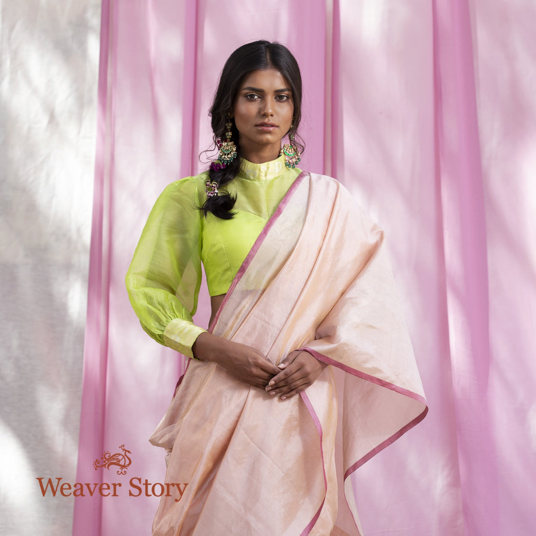 Handwoven_Peach_Tissue_Plain_Chanderi_Saree_WeaverStory_01