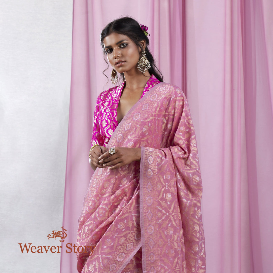 Handwoven_Rose_Pink_Banarasi_Cotton_Jamdani_Saree_WeaverStory_01