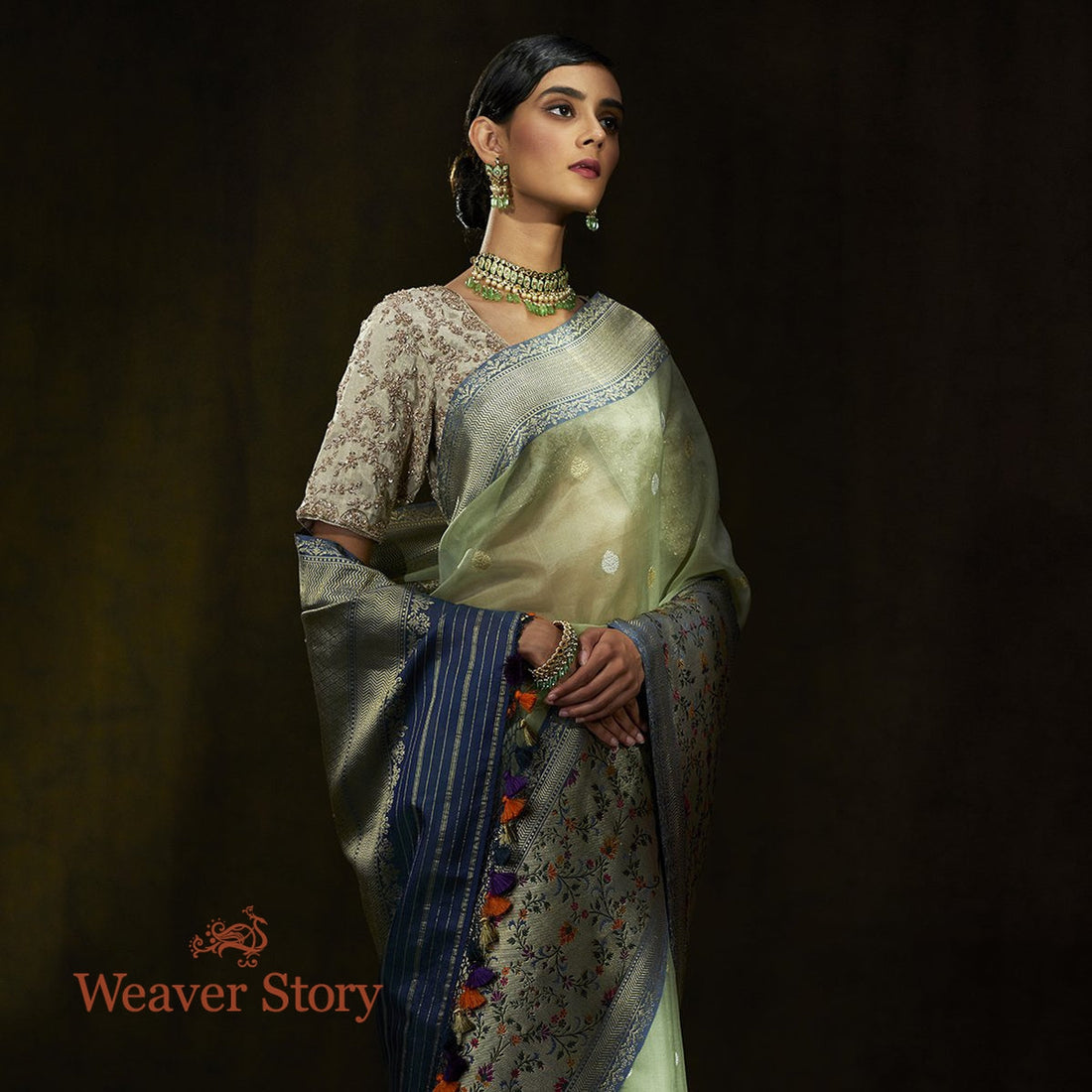 Handwoven_Pista_Green_Kora_Silk_Saree_with_Blue_Meenakari_Border_WeaverStory_01