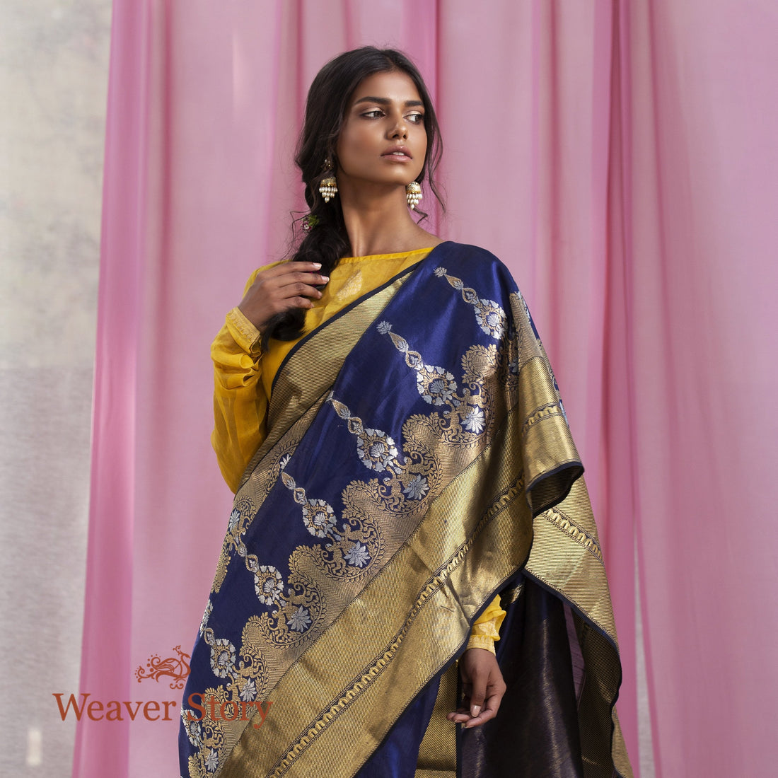 Handwoven_Blue_Chanderi_Silk_Saree_with_Gold_and_Silver_Zari_Border_WeaverStory_01