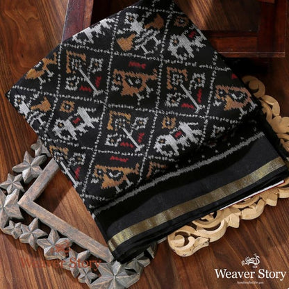 Handwoven_Rajkot_Patola_Silk_Dupatta_in_Black_with_Elephant_Motifs_WeaverStory_01