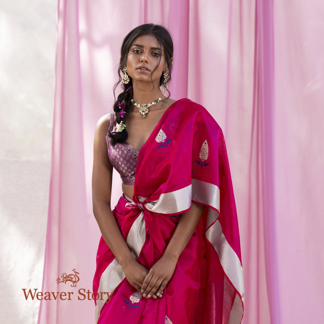 Handwoven_Rani_Pink_Chanderi_Saree_with_Blue_Meenakari_WeaverStory_01