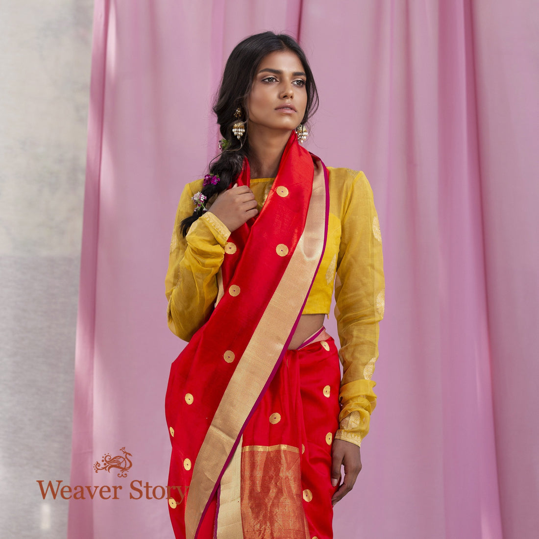 Handwoven_Red_Asharfi_Booti_Chanderi_Silk_Saree_WeaverStory_01