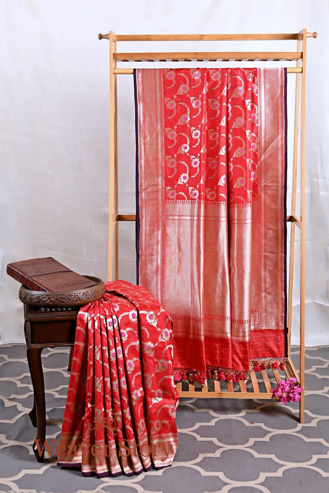 Red_Banarasi_Katan_Silk_Saree_with_Floral_Weave_and_Meenakari_WeaverStory_01