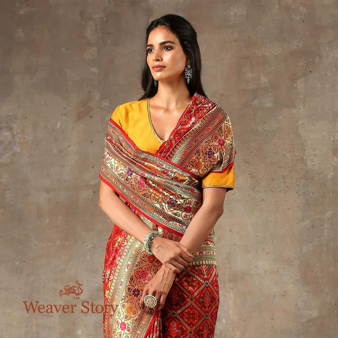 Handwoven_Red_Meenakari_Patola_Saree_with_Paithani_Inspired_Border_WeaverStory_01