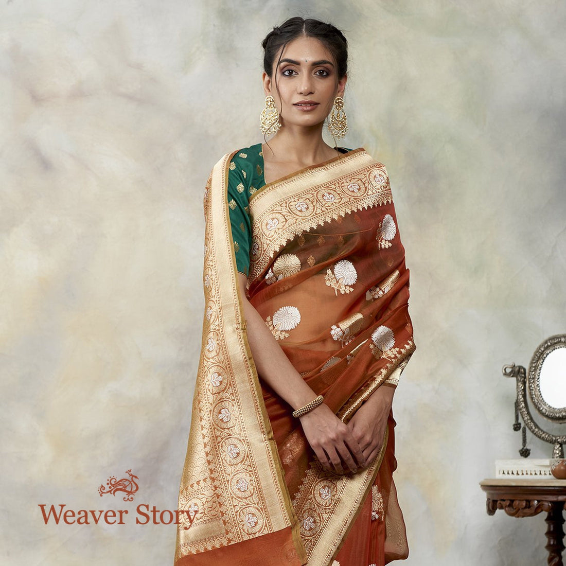 Handwoven_Rust_and_Green_Dahlia_Motif_Kora_Saree_WeaverStory_01