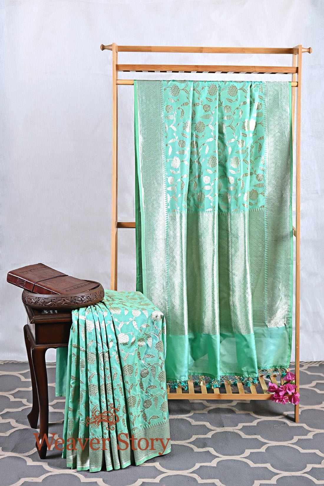 Sea_Green_Banarasi_Silk_Saree_with_Floral_Patter_WeaverStory_01